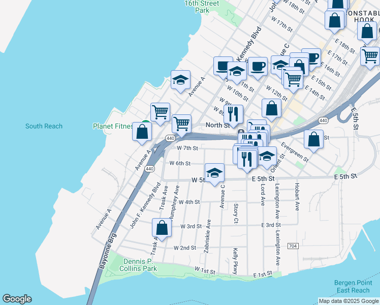 map of restaurants, bars, coffee shops, grocery stores, and more near 110 West 7th Street in Bayonne