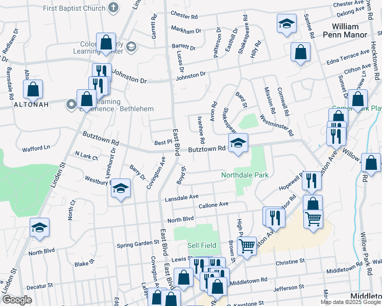 map of restaurants, bars, coffee shops, grocery stores, and more near 1728 Butztown Road in Bethlehem
