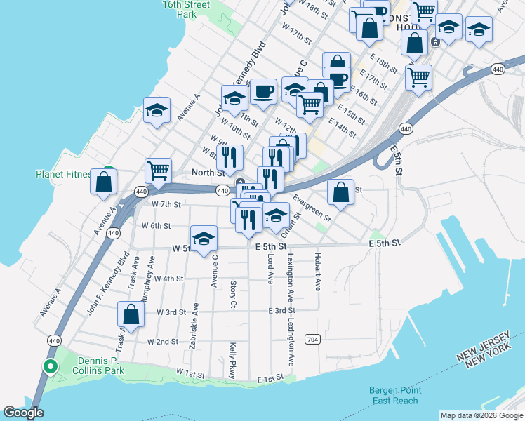 map of restaurants, bars, coffee shops, grocery stores, and more near Broadway & W 7th St in Bayonne