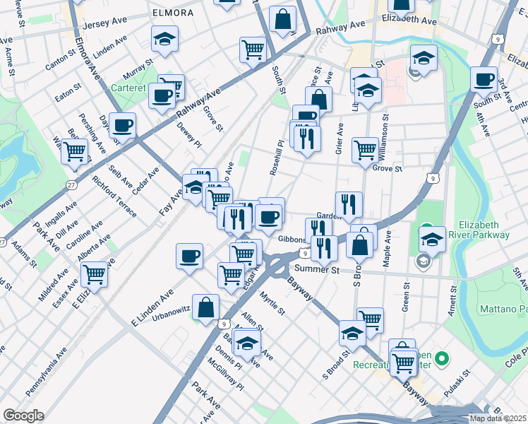 map of restaurants, bars, coffee shops, grocery stores, and more near 508 Lidgerwood Avenue in Elizabeth