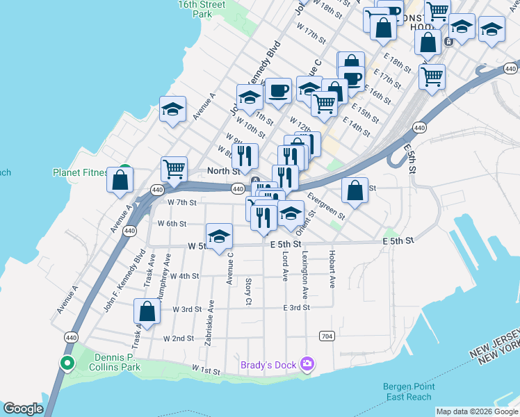 map of restaurants, bars, coffee shops, grocery stores, and more near 22 West 7th Street in Bayonne