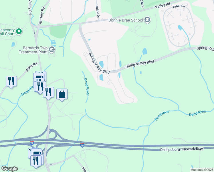 map of restaurants, bars, coffee shops, grocery stores, and more near 273 Penns Way in Bernards