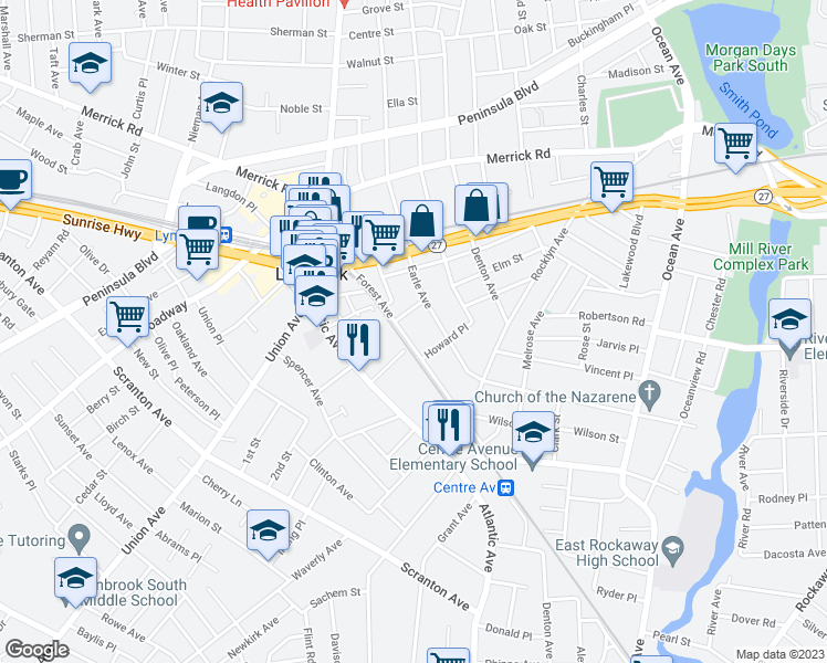 map of restaurants, bars, coffee shops, grocery stores, and more near 189 Forest Avenue in Lynbrook