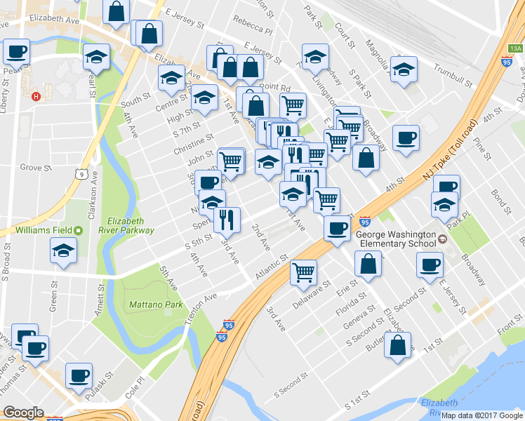 map of restaurants, bars, coffee shops, grocery stores, and more near 27 South 5th Street in Elizabeth