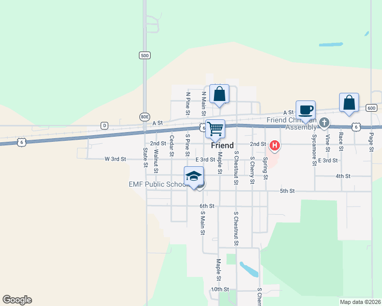 map of restaurants, bars, coffee shops, grocery stores, and more near 212 South Pine Street in Friend