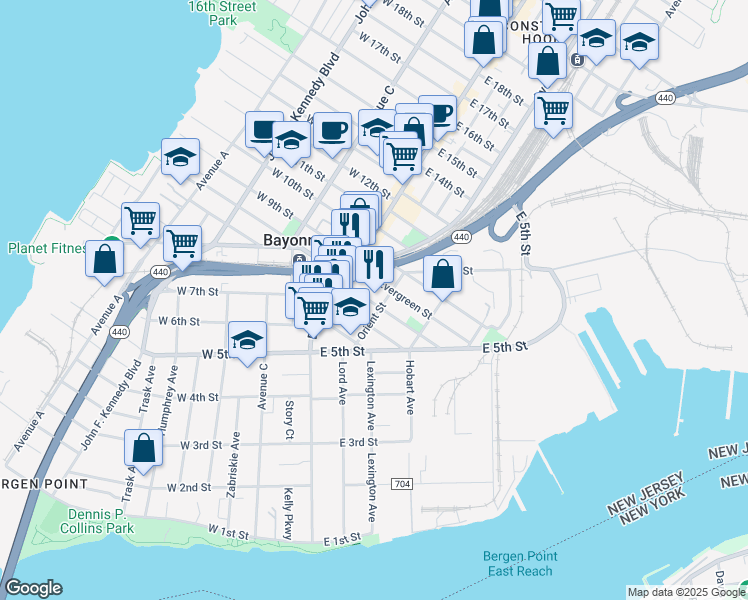 map of restaurants, bars, coffee shops, grocery stores, and more near 193 Orient Street in Bayonne