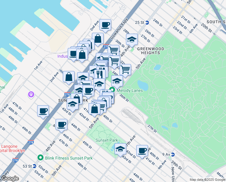 map of restaurants, bars, coffee shops, grocery stores, and more near 842 5th Avenue in Brooklyn