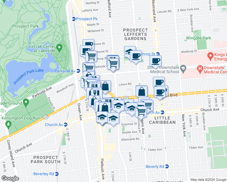 map of restaurants, bars, coffee shops, grocery stores, and more near 2101 Bedford Avenue in Brooklyn