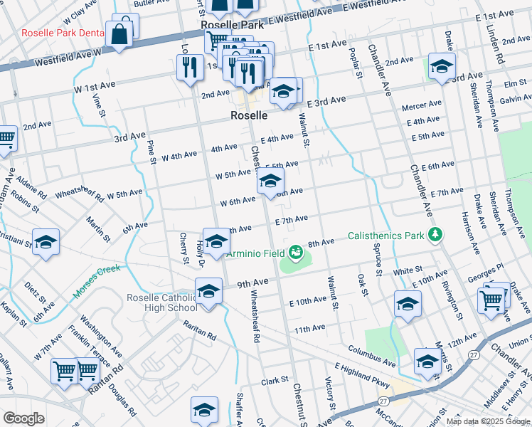 map of restaurants, bars, coffee shops, grocery stores, and more near 616 Chestnut Street in Roselle