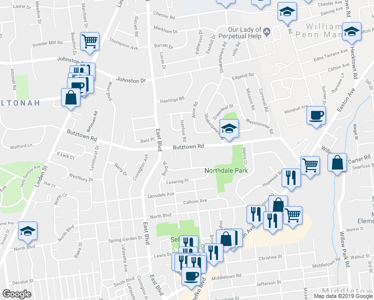 map of restaurants, bars, coffee shops, grocery stores, and more near 1774 Butztown Road in Bethlehem
