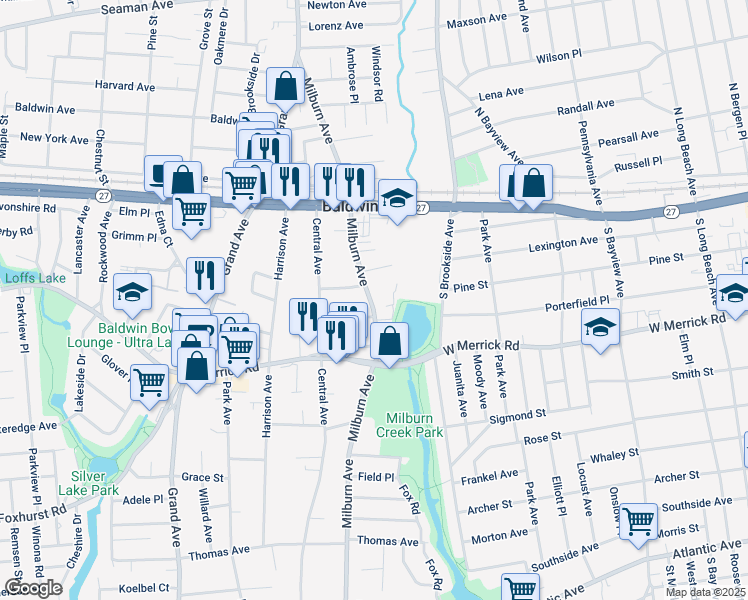 map of restaurants, bars, coffee shops, grocery stores, and more near 2360 Milburn Avenue in Baldwin