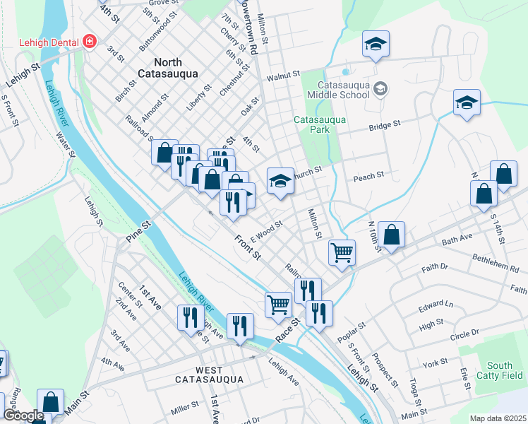 map of restaurants, bars, coffee shops, grocery stores, and more near 324 Limestone Street in Catasauqua