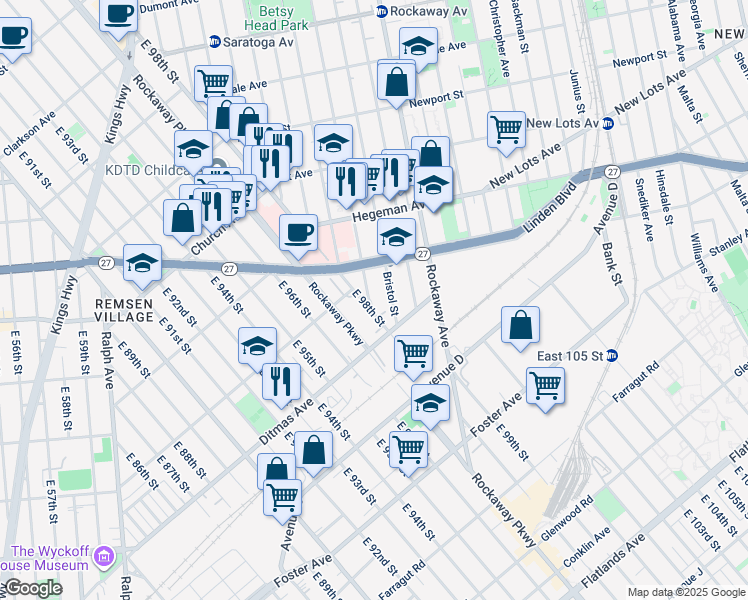 map of restaurants, bars, coffee shops, grocery stores, and more near 1105 Thomas S Boyland Street in Brooklyn