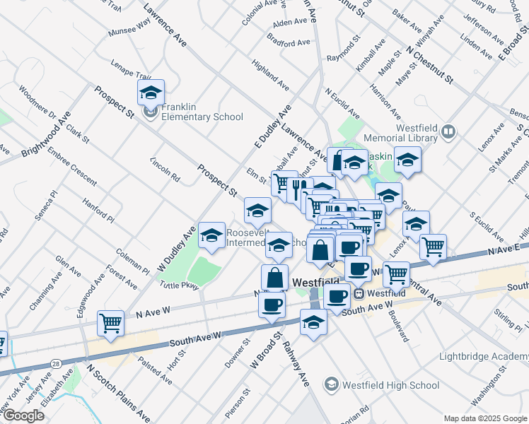 map of restaurants, bars, coffee shops, grocery stores, and more near 302 Prospect Street in Westfield