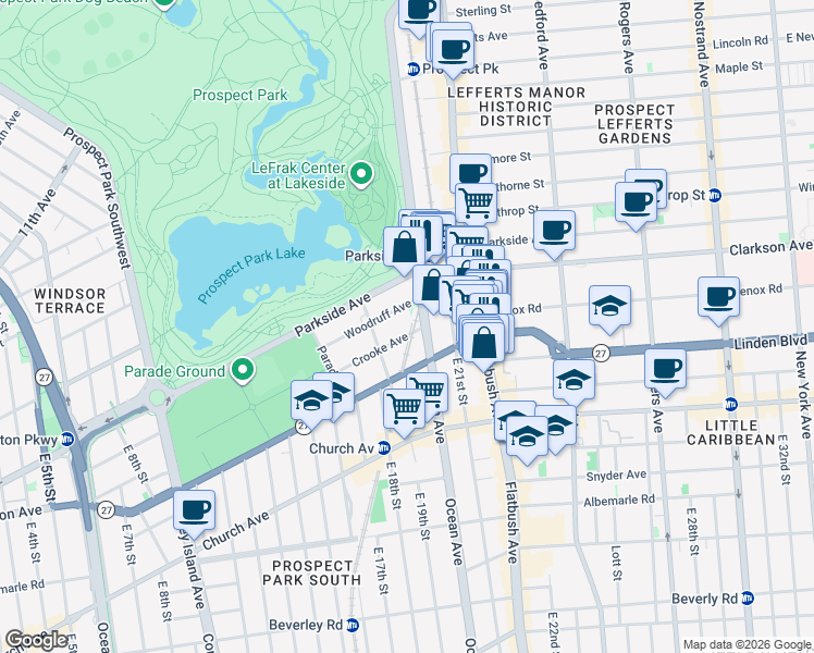 map of restaurants, bars, coffee shops, grocery stores, and more near 97 Crooke Avenue in Brooklyn