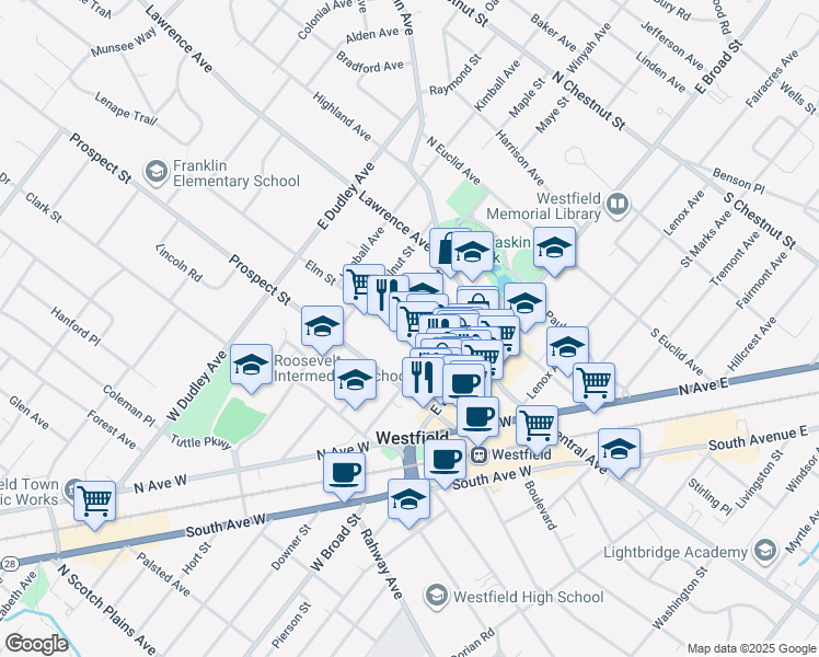 map of restaurants, bars, coffee shops, grocery stores, and more near 188 Elm Street in Westfield