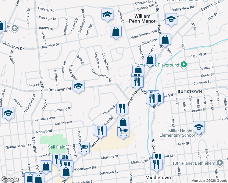map of restaurants, bars, coffee shops, grocery stores, and more near 2065 Hopewell Road in Bethlehem
