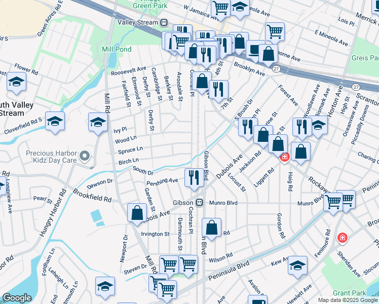 map of restaurants, bars, coffee shops, grocery stores, and more near 186 Cochran Place in Valley Stream