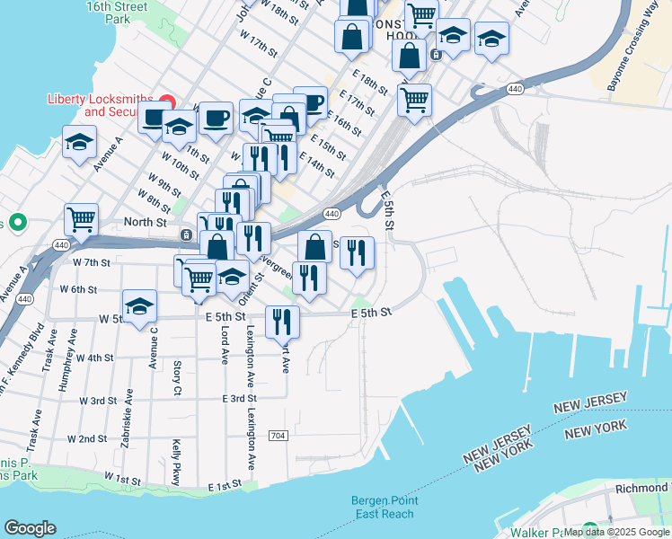 map of restaurants, bars, coffee shops, grocery stores, and more near 111 Linnet Street in Bayonne