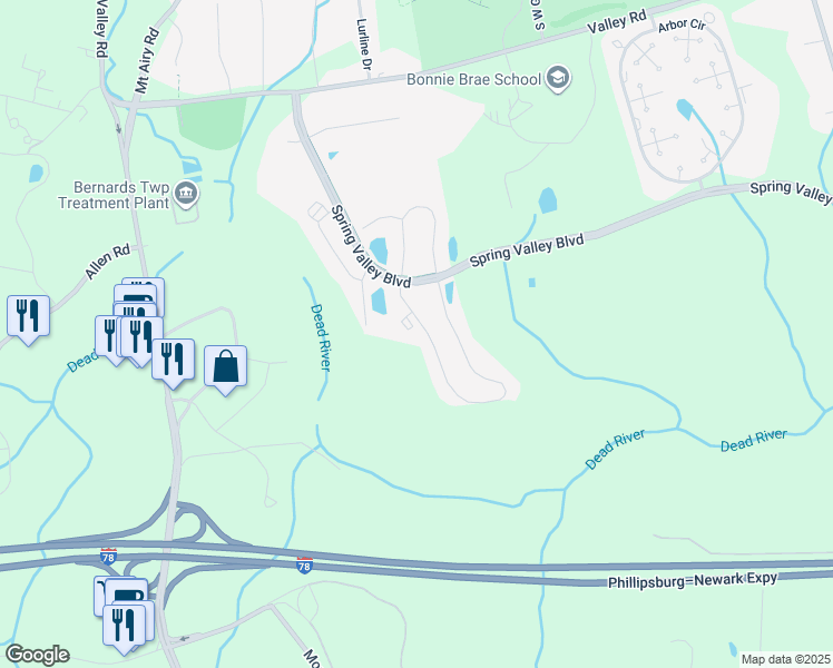 map of restaurants, bars, coffee shops, grocery stores, and more near 286 Penns Way in Bernards