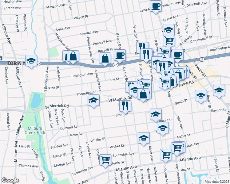 map of restaurants, bars, coffee shops, grocery stores, and more near 39 Porterfield Place in Freeport
