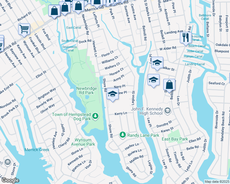 map of restaurants, bars, coffee shops, grocery stores, and more near 2483 Marine Place in Bellmore