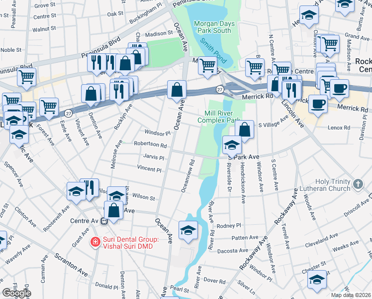 map of restaurants, bars, coffee shops, grocery stores, and more near 59 Hampton Road in Lynbrook