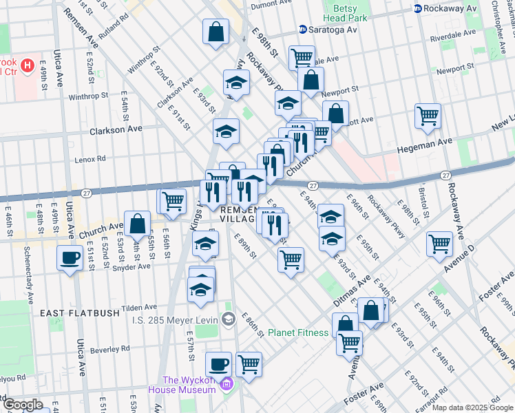 map of restaurants, bars, coffee shops, grocery stores, and more near 555 East 91st Street in Brooklyn