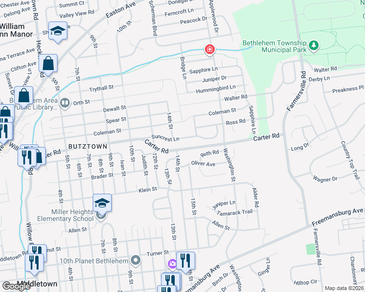 map of restaurants, bars, coffee shops, grocery stores, and more near 3945 Carter Road in Bethlehem