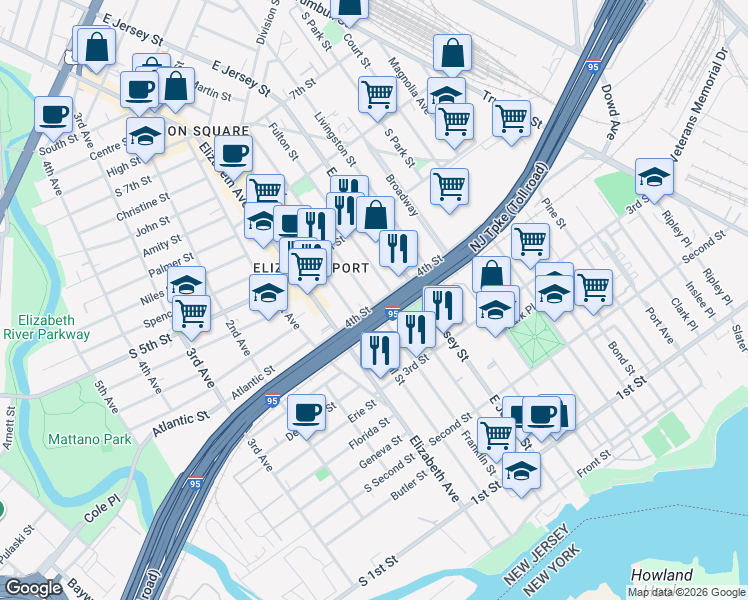 map of restaurants, bars, coffee shops, grocery stores, and more near 62 4th Street in Elizabeth