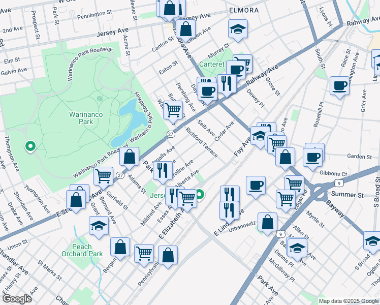 map of restaurants, bars, coffee shops, grocery stores, and more near 2117 Caroline Avenue in Linden