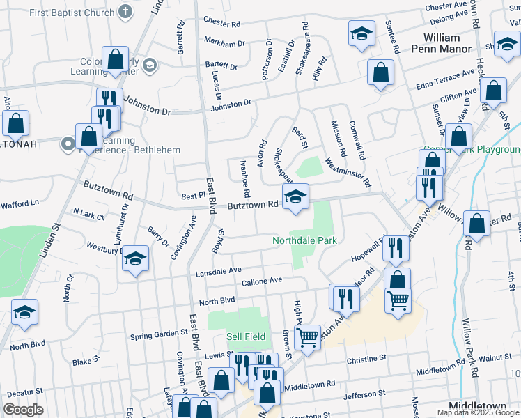map of restaurants, bars, coffee shops, grocery stores, and more near 2742 Clermont Street in Bethlehem