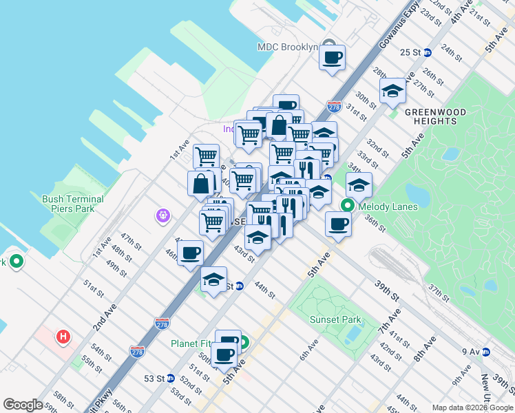 map of restaurants, bars, coffee shops, grocery stores, and more near in Brooklyn