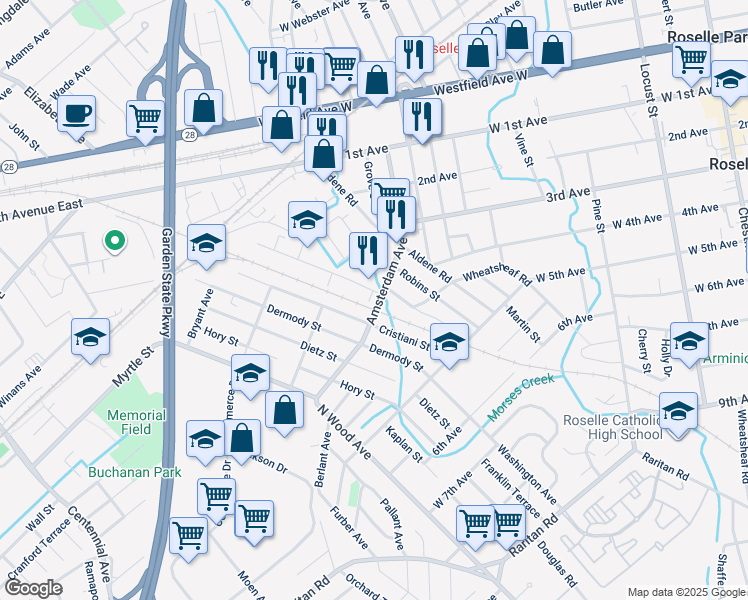 map of restaurants, bars, coffee shops, grocery stores, and more near 340 Cox Street in Roselle