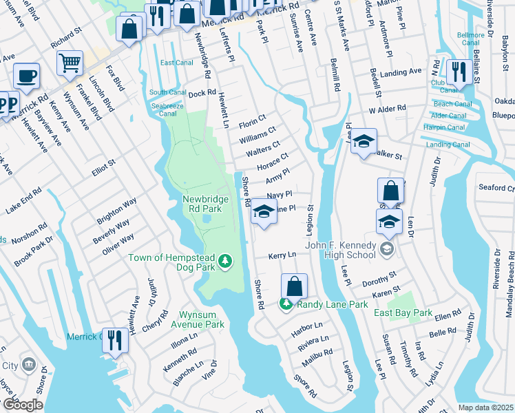 map of restaurants, bars, coffee shops, grocery stores, and more near 2483 Marine Place in Bellmore