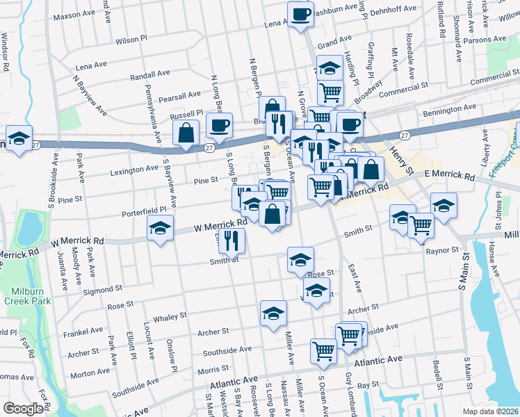 map of restaurants, bars, coffee shops, grocery stores, and more near 190w West Merrick Road in Freeport