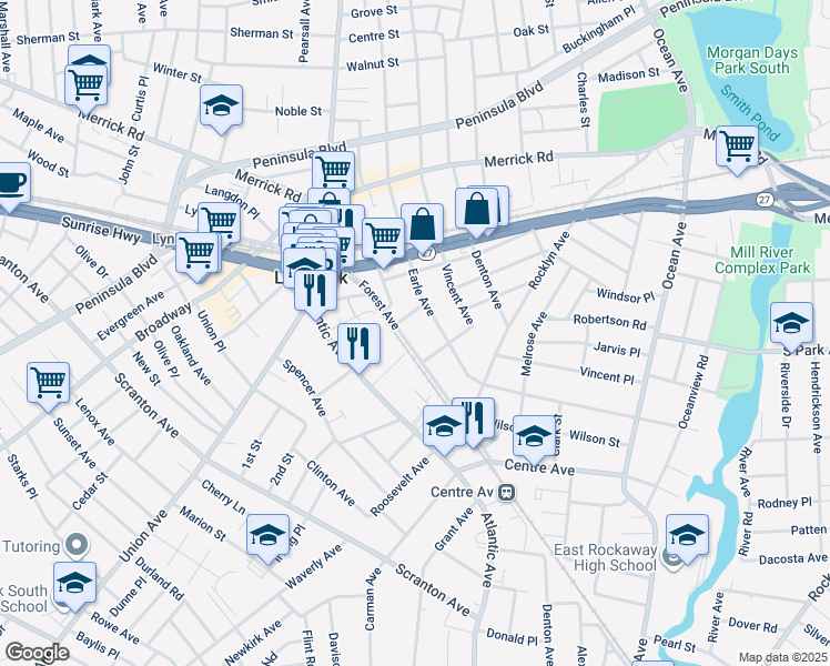 map of restaurants, bars, coffee shops, grocery stores, and more near 189 Forest Avenue in Lynbrook