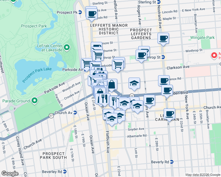 map of restaurants, bars, coffee shops, grocery stores, and more near 2192 Caton Avenue in Brooklyn