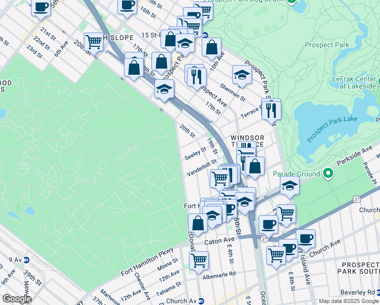 map of restaurants, bars, coffee shops, grocery stores, and more near 42 Seeley Street in Brooklyn