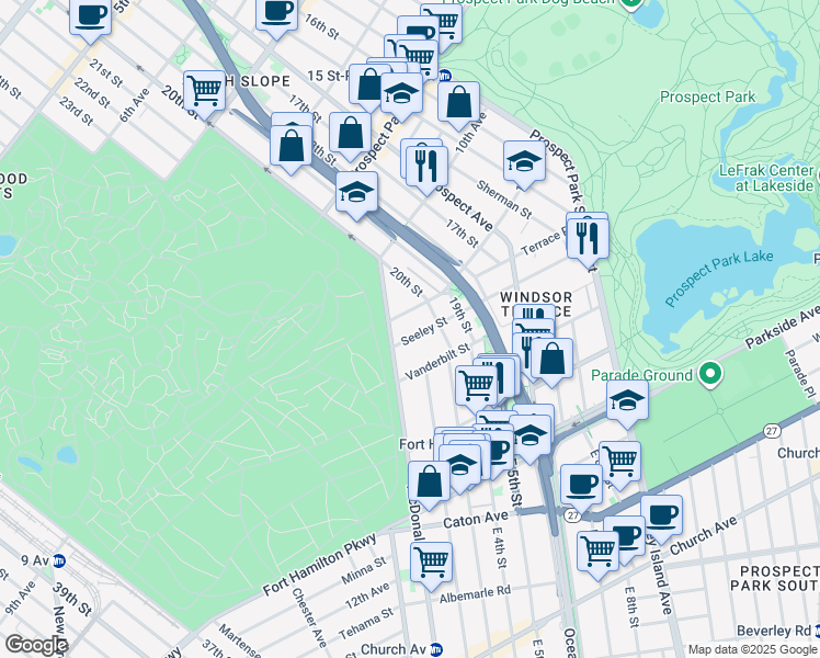 map of restaurants, bars, coffee shops, grocery stores, and more near 42 Seeley Street in Brooklyn