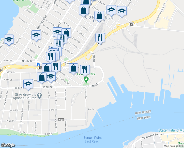map of restaurants, bars, coffee shops, grocery stores, and more near 56 Isabella Avenue in Bayonne