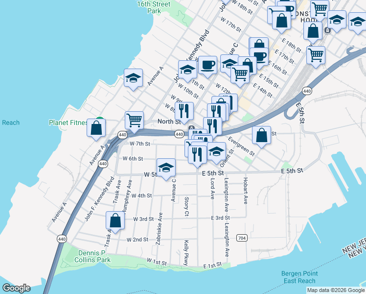 map of restaurants, bars, coffee shops, grocery stores, and more near 192 Avenue C in Bayonne