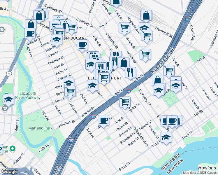 map of restaurants, bars, coffee shops, grocery stores, and more near 430 Elizabeth Avenue in Elizabeth