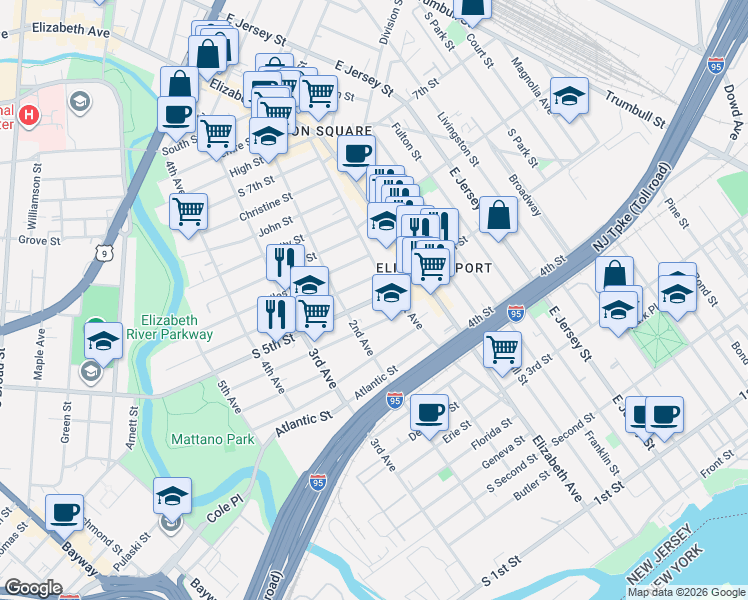 map of restaurants, bars, coffee shops, grocery stores, and more near 27 South 5th Street in Elizabeth