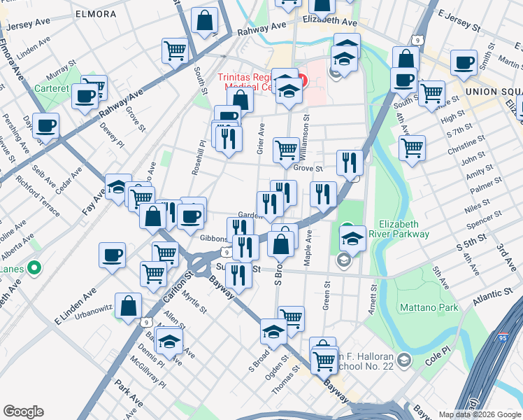 map of restaurants, bars, coffee shops, grocery stores, and more near 721-723 Garden Street in Elizabeth