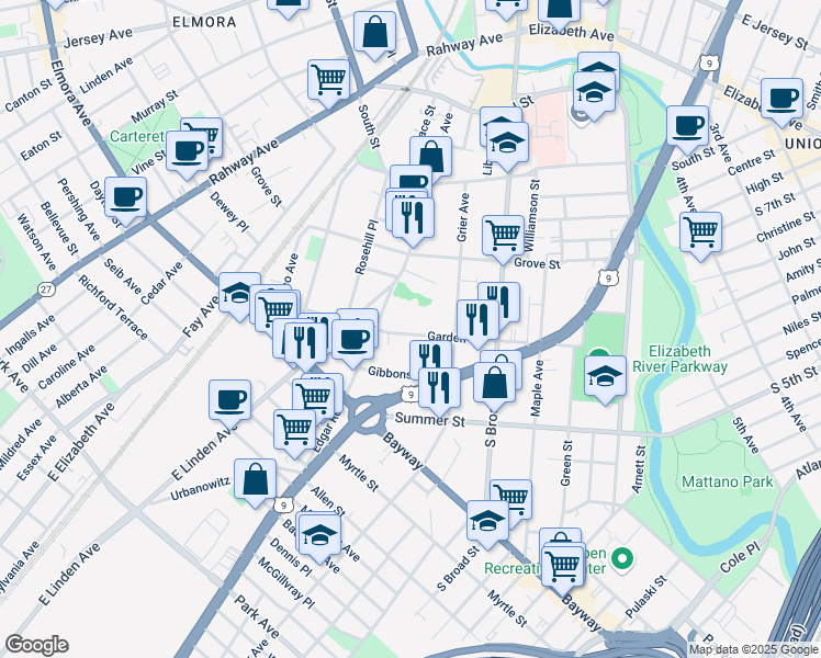 map of restaurants, bars, coffee shops, grocery stores, and more near 852 Garden Street in Elizabeth