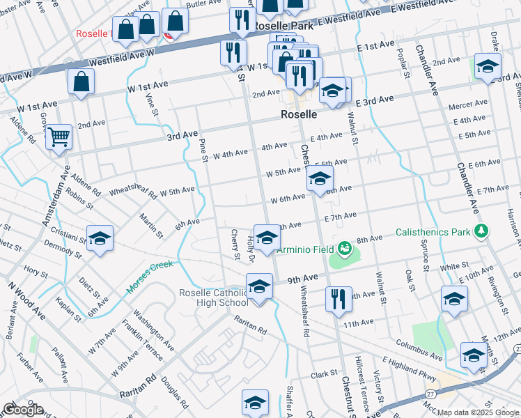 map of restaurants, bars, coffee shops, grocery stores, and more near 615 Locust Street in Roselle