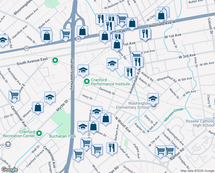 map of restaurants, bars, coffee shops, grocery stores, and more near 234 Cristiani Street in Roselle