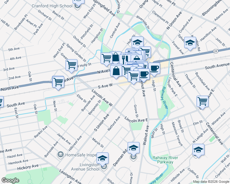 map of restaurants, bars, coffee shops, grocery stores, and more near 15 Woodlawn Avenue in Cranford