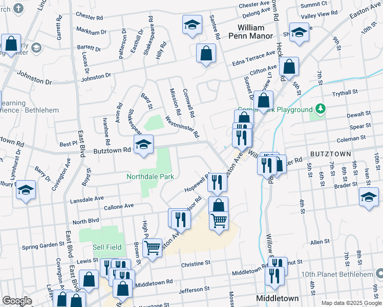 map of restaurants, bars, coffee shops, grocery stores, and more near 2065 Hopewell Road in Bethlehem